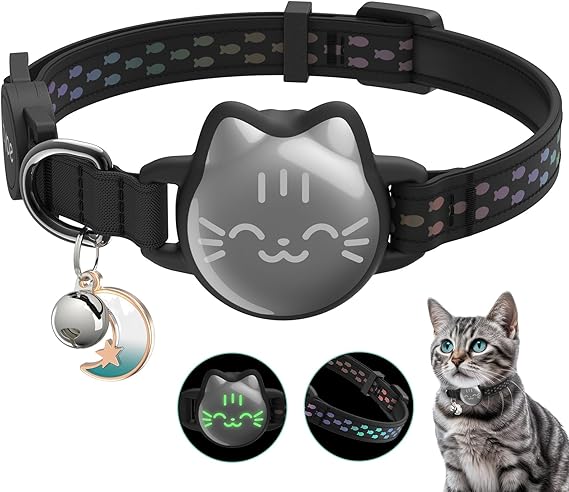 Waterproof Airtag Cat Collar With Reflective Fish Pattern And Hidden Gps Tracker Holder For Kittens And Small Pets