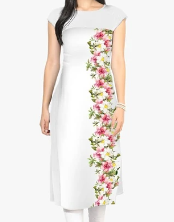 Off White Floral Print Crepe Kurta