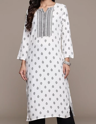 Trendy Off White Printed Straight Kurta