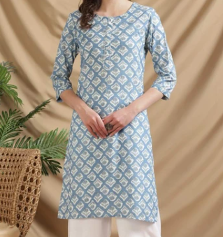 Stylish Blue Cotton Floral Print Straight Kurta