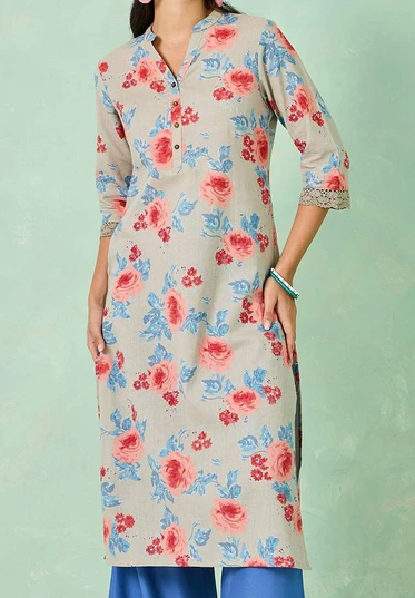 Stylish Grey Cotton Printed Straight Kurta